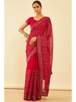 Soch - Womens Pink Chiffon Zari Embroidered Saree with Unstitched Blouse