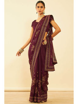 Soch - Womens Wine Chiffon Zari Embroidered Saree with Unstitched Blouse
