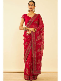 Soch - Womens Red Chiffon Zari Embroidered Saree with Unstitched Blouse