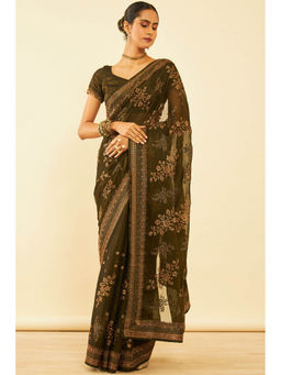 Soch - Womens Olive Chiffon Zari Embroidered Saree with Unstitched Blouse