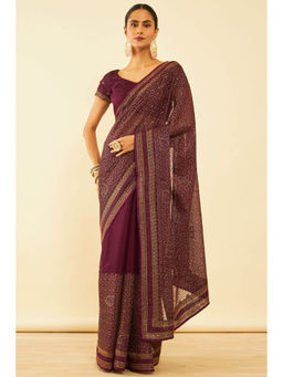 Soch - Womens Wine Chiffon Zari Embroidered Saree with Unstitched Blouse