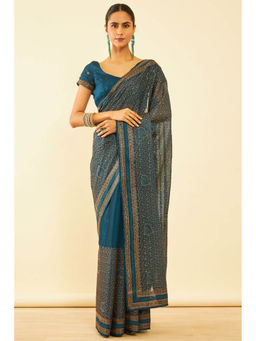 Soch - Womens Blue Chiffon Zari Embroidered Saree with Unstitched Blouse
