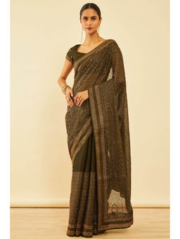Soch - Womens Olive Chiffon Zari Embroidered Saree with Unstitched Blouse