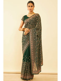 Soch - Womens Green Chiffon Zari Embroidered Saree with Unstitched Blouse