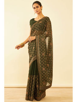 Soch - Womens Olive Chiffon Zari Embroidered Saree with Unstitched Blouse