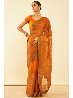 Soch - Womens Mustard Chiffon Zari Embroidered Saree with Unstitched Blouse