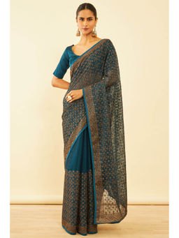 Soch - Womens Blue Chiffon Zari Embroidered Saree with Unstitched Blouse