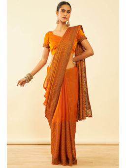 Soch - Womens Mustard Chiffon Zari Embroidered Saree with Unstitched Blouse