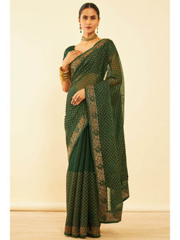 Soch - Womens Green Chiffon Zari Embroidered Saree with Unstitched Blouse