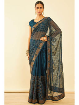 Soch - Womens Blue Chiffon Zari Embroidered Saree with Unstitched Blouse
