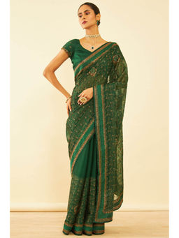 Soch - Womens Green Chiffon Zari Embroidered Saree with Unstitched Blouse