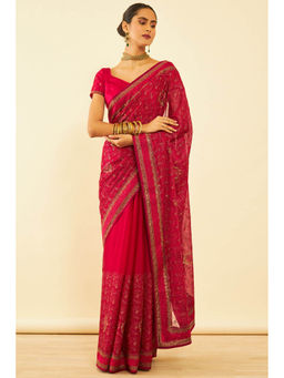 Soch - Womens Pink Chiffon Zari Embroidered Saree with Unstitched Blouse
