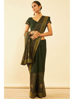 Soch - Womens Olive Chiffon Zari Embroidered Saree with Unstitched Blouse