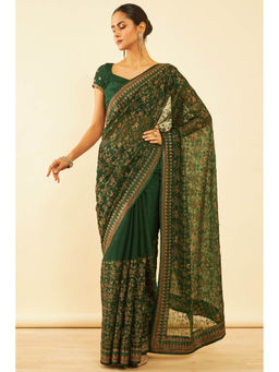 Soch - Womens Green Chiffon Zari Embroidered Saree with Unstitched Blouse