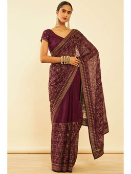 Soch - Womens Wine Chiffon Zari Embroidered Saree with Unstitched Blouse