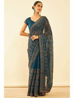 Soch - Womens Blue Chiffon Zari Embroidered Saree with Unstitched Blouse