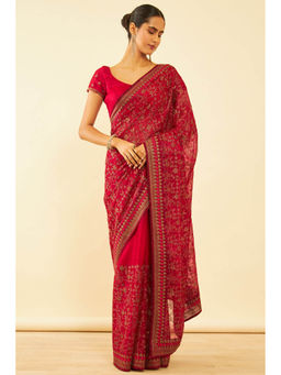 Soch - Womens Pink Chiffon Zari Embroidered Saree with Unstitched Blouse