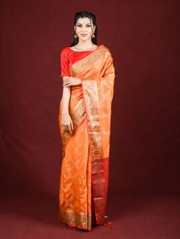 EXCLUSIVA - Orange Banarasi Blended Silk Woven Saree Zari Work with Unstitched Blouse