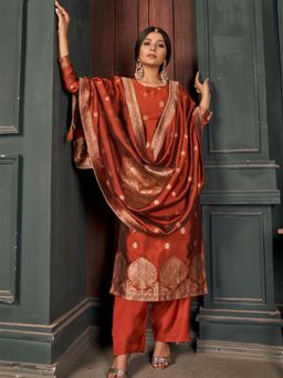 Odette - Brown Viscose Silk Woven Semi Stitched Kurta (Set of 3)