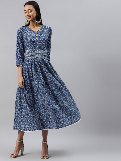 dress blues regulations army Edwina Shirred Frill Long Sleeve Midi Dress - Navy Floral main image 1