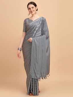 Amrutam Fab - Womens Satin Silk Grey Saree With Sequences Unstitched Blouse Piece