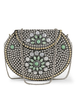Anekaant - Mosaic Silver and Olive Metal Floral Mosaic Clutch