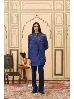 ITRH - Raat-Neel Chanderi Navy Blue Bandhgala with Kurta and Pant
