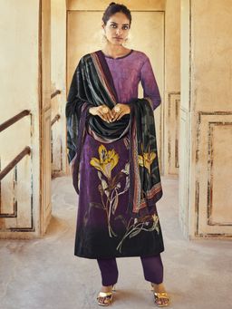 Stylee LIFESTYLE - Purple & Black Velvet Digital Printed Dress Material (Set of 3)