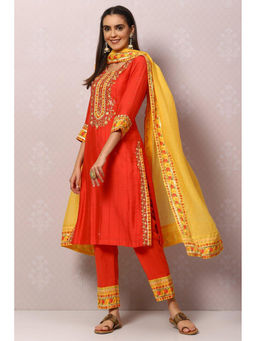 Biba - Coral Red And Yellow Viscose Cotton Straight Suit Set (Set of 3)