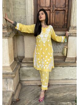 House of Chikankari - Modal Straight Kurta with Pant- Yellow (Set of 2)