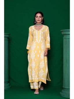House of Chikankari - Women Chikankari Long Kurta with Palazzo - Yellow (Set of 2)