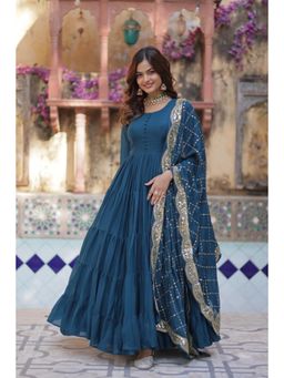 Noorani by LA - Elaine Georgette Teal Gown With Dupatta (Set of 2)