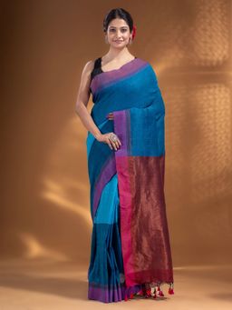 Arhi - Sapphire Blue Pure Cotton Handwoven Soft Saree with Zari Pallu