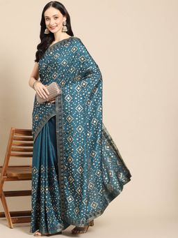 Odette - Teal Silk Printed Saree with Unstitched Blouse