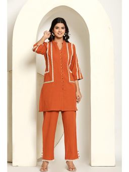 Gahan - Womens Orange Cotton Solid & Lace Work Kurta with Pant