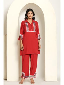 Gahan - Womens Red Cotton Solid & Lace Work Kurta with Pant