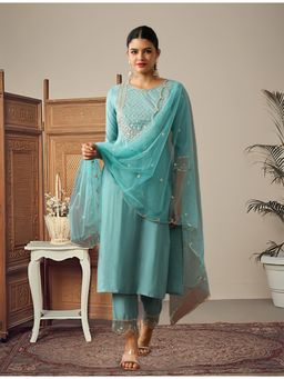 Gahan - Sky Blue Silk Blend Embroidered Round Neck Kurta with Pant & Dupatta