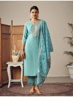 Gahan - Blue Silk Blend Embroidered Round Neck Kurta with Pant Digital Printed Dupatta