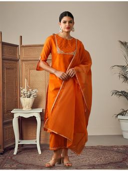 Gahan - Orange Chanderi Cotton Silk Embroidered Round Neck Kurta with Pant Dupatta