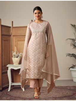 Gahan - Pink Jacquard Cotton Silk Embroidered Round Neck Kurta with Pant & Dupatta
