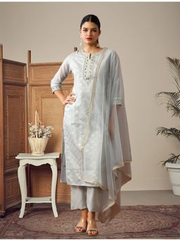 Gahan - Grey Jacquard Cotton Silk Embroidered Round Neck Kurta with Pant & Dupatta