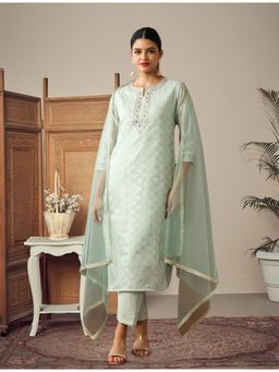 Gahan - Green Jacquard Cotton Silk Embroidered Round Neck Kurta with Pant & Dupatta