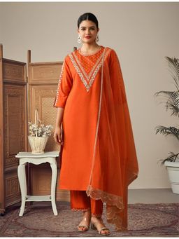 Gahan - Rust Round Neck V-Shape Yoke Embroidered Silk Blend Kurta with Pant & Dupatta
