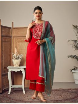 Gahan - Red Chanderi Cotton Embroidered Round Neck Kurta with Pant & Dupatta