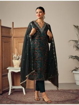 Gahan - Green Fancy V-Neck Floral Printed Organza Kurta with Pant & Dupatta