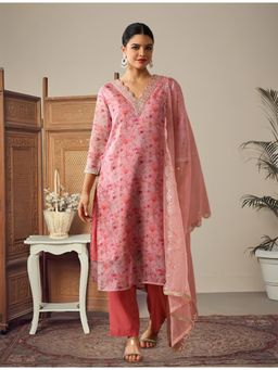 Gahan - Pink Fancy V-Neck Floral Printed Organza Kurta with Pant & Dupatta