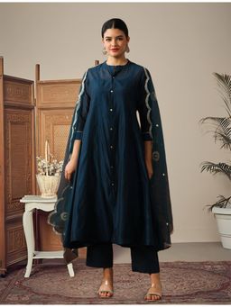 Gahan - Teal Chanderi Cotton Solid Mandarin Collar Neck Kurta, Inner with Pant & Dupatta