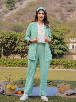 Yufta - Green Weaved Cotton Checks Printed Embroidered Co-Ord (Set of 3)