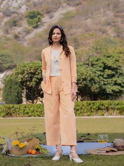 Yufta - Peach Weaved Cotton Checks Printed Embroidered Co-Ord (Set of 3)