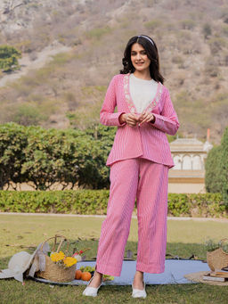 Yufta - Pink Cotton Checks Print Shawl Neck Embroidered Co-Ord (Set of 3)